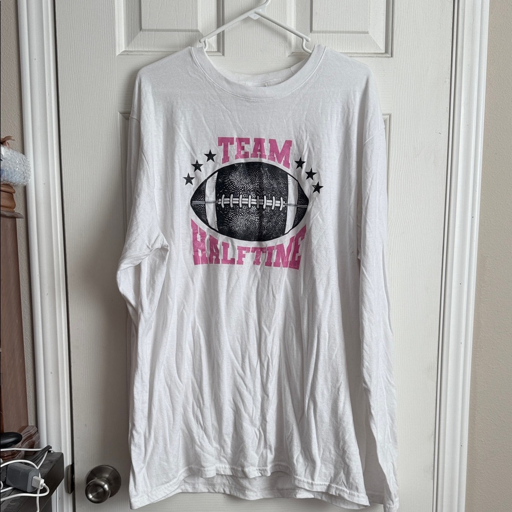 Port and Company White Long Sleeve Tee with Pink and Black Football Graphic